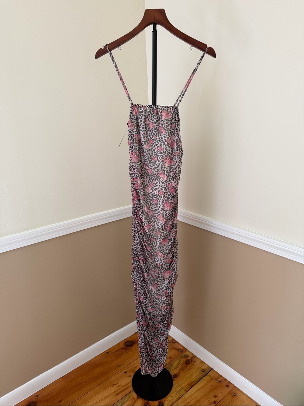 Nasty Gal Pink & Gray Leopard and Rose Maxi Dress ruched flattering bodycon